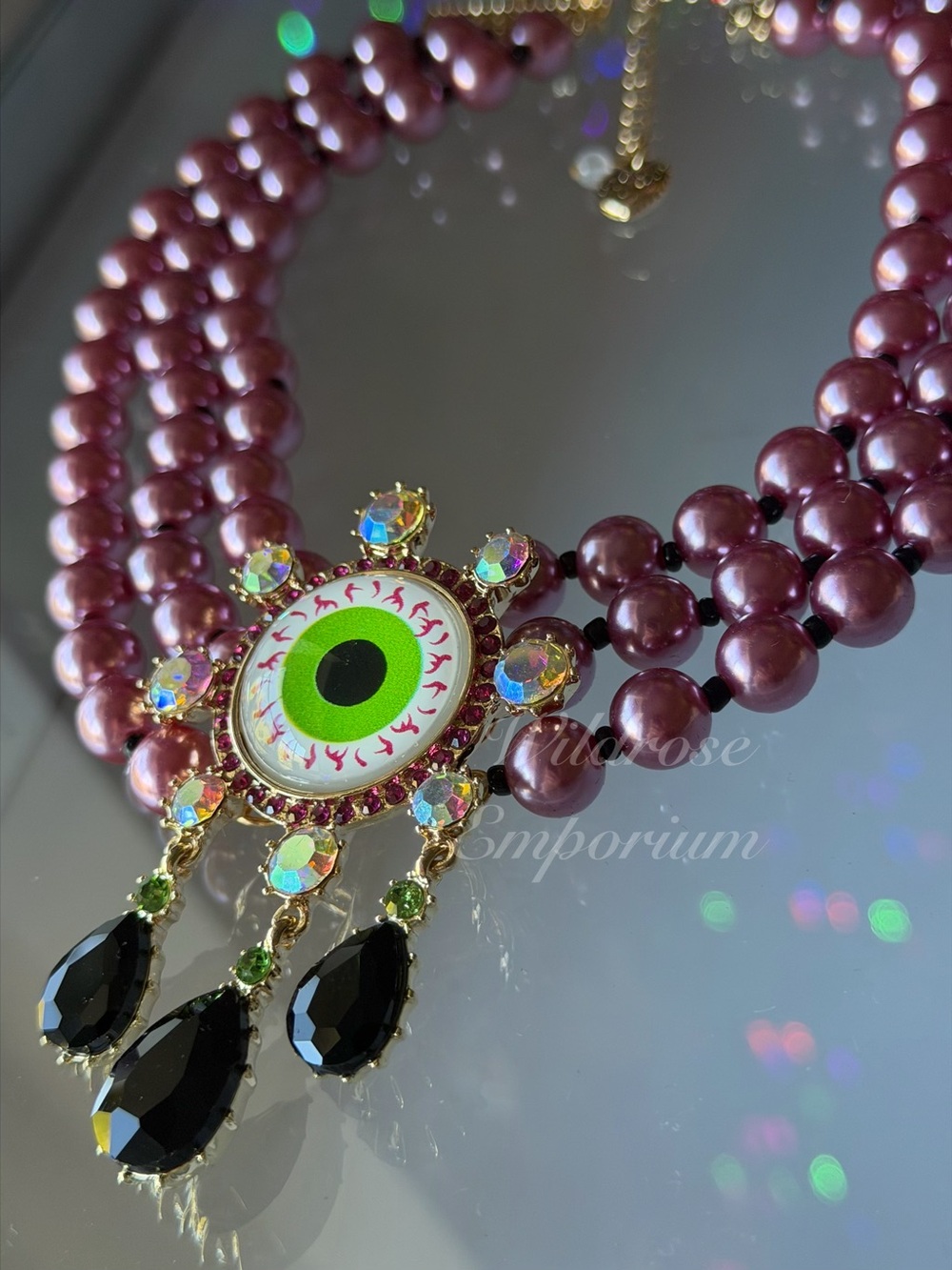 RARE Betsey Johnson evil eye eyeball purple gold tone Halloween Necklace - Picture 2 of 10